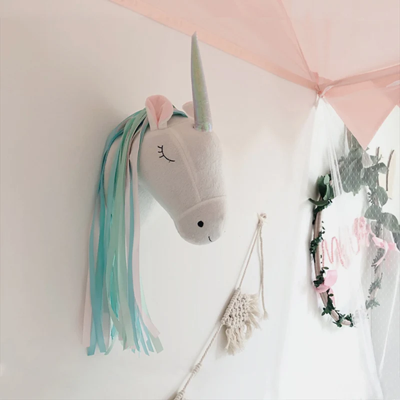 Baby Nursery Ornaments - Tête d'animal en peluche licorne, décoration